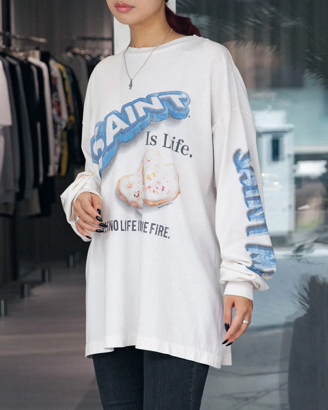 SAINT Mxxxxxx HEART COOKIES L/S TEE/WHT Love Oreo printed long sleeves Off-white S-XL Customized co-branded main mark/wash mark Correct version Ready-made garments washed and distressed VINTAGE feeling Top-notch printing technology Perfect restoration